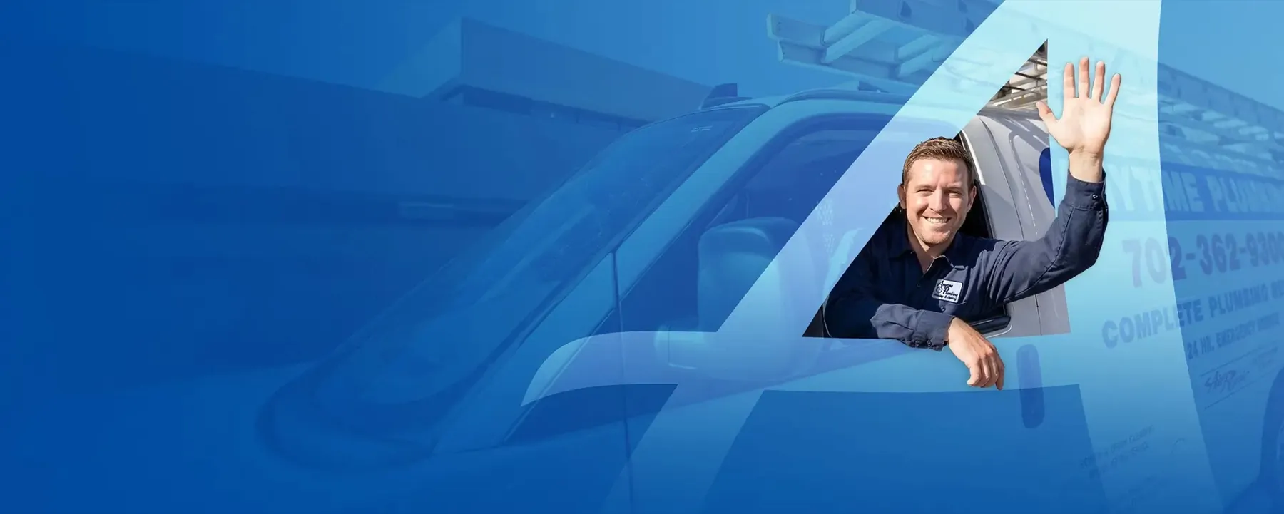 An Anytime technician waving from the window of a company van, set in the company’s blue banner